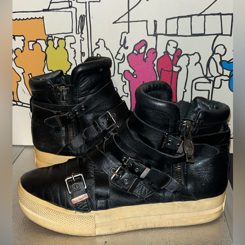 ASH Black Leather High-Top Sneakers with Buckle Straps